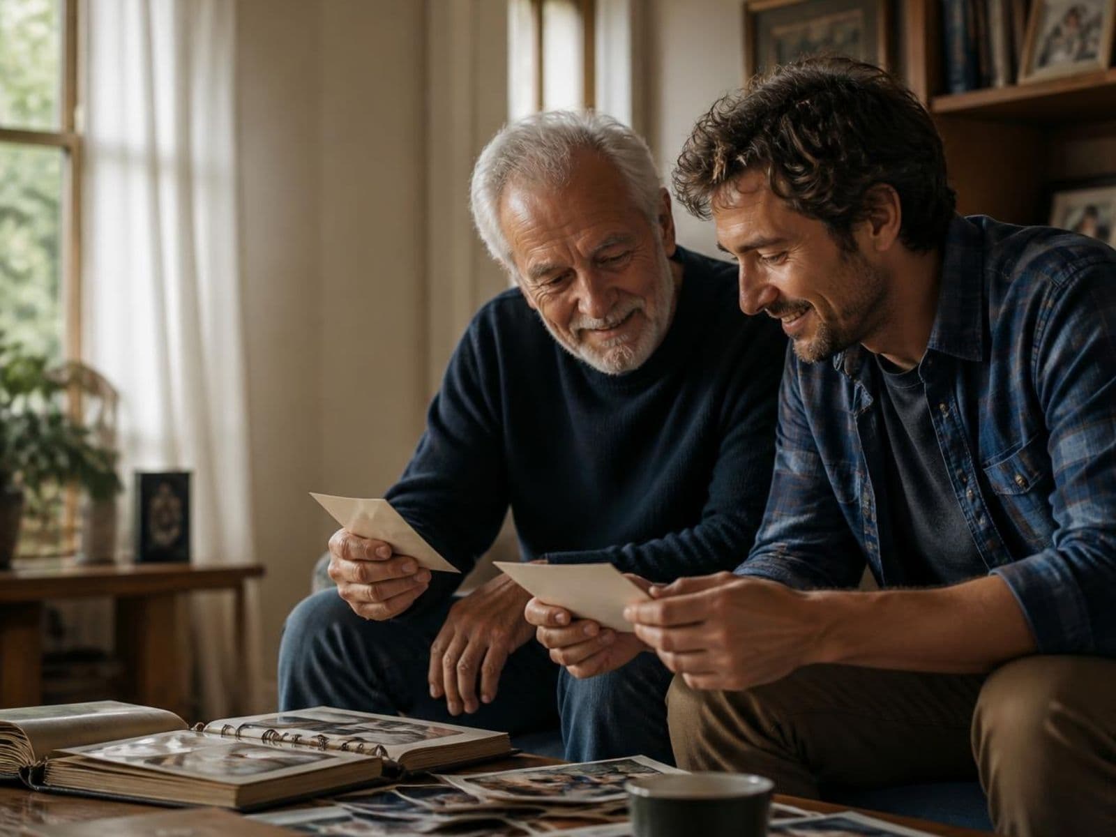 Father and child looking through family memories