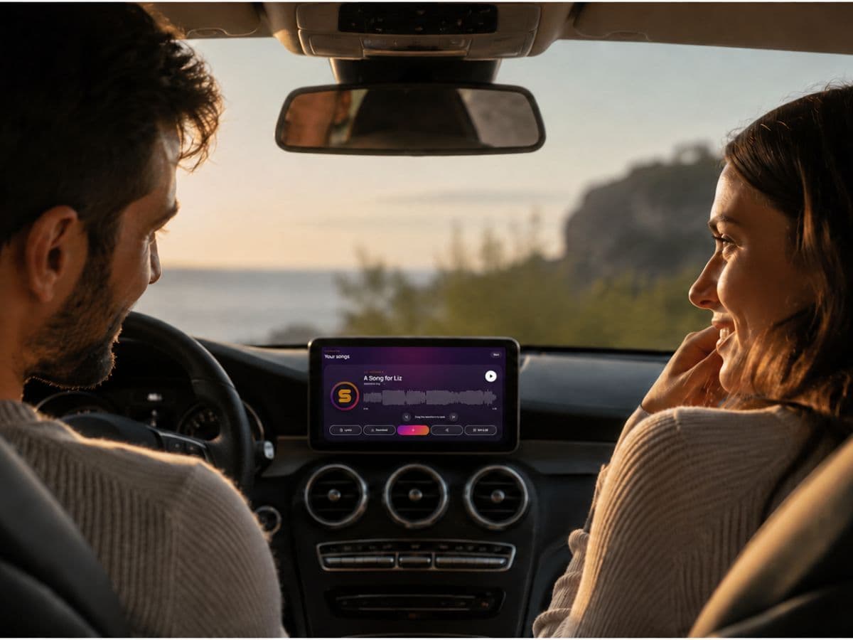 Couple listening to a personalised SongLux song together during a road trip