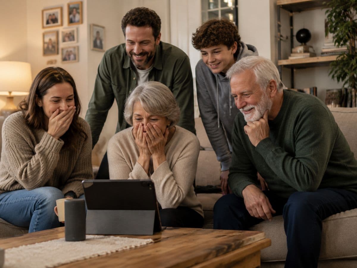 Family reacting to a personalised SongLux song reveal on a tablet