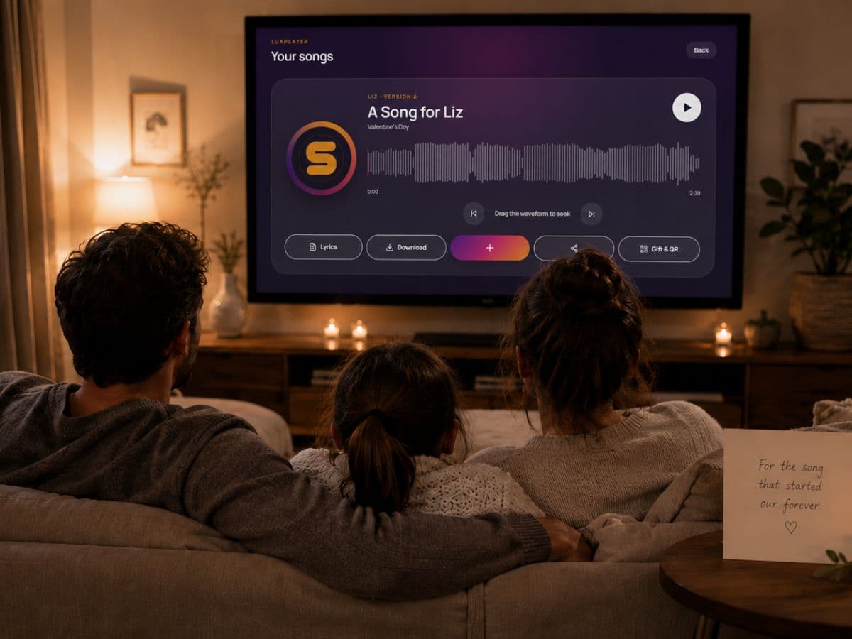 Family listening to a personalised SongLux song together on the television