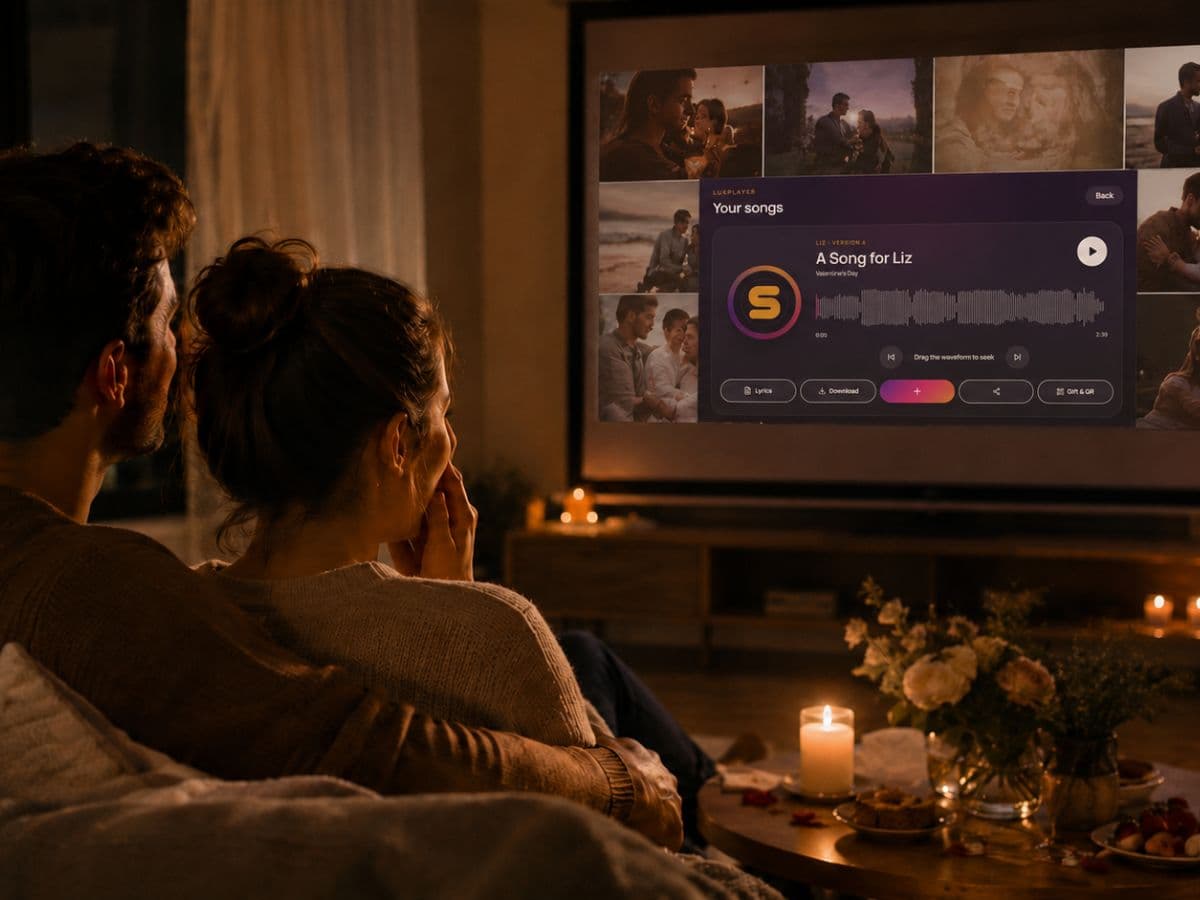Couple revealing a personalised SongLux song during a romantic photo slideshow