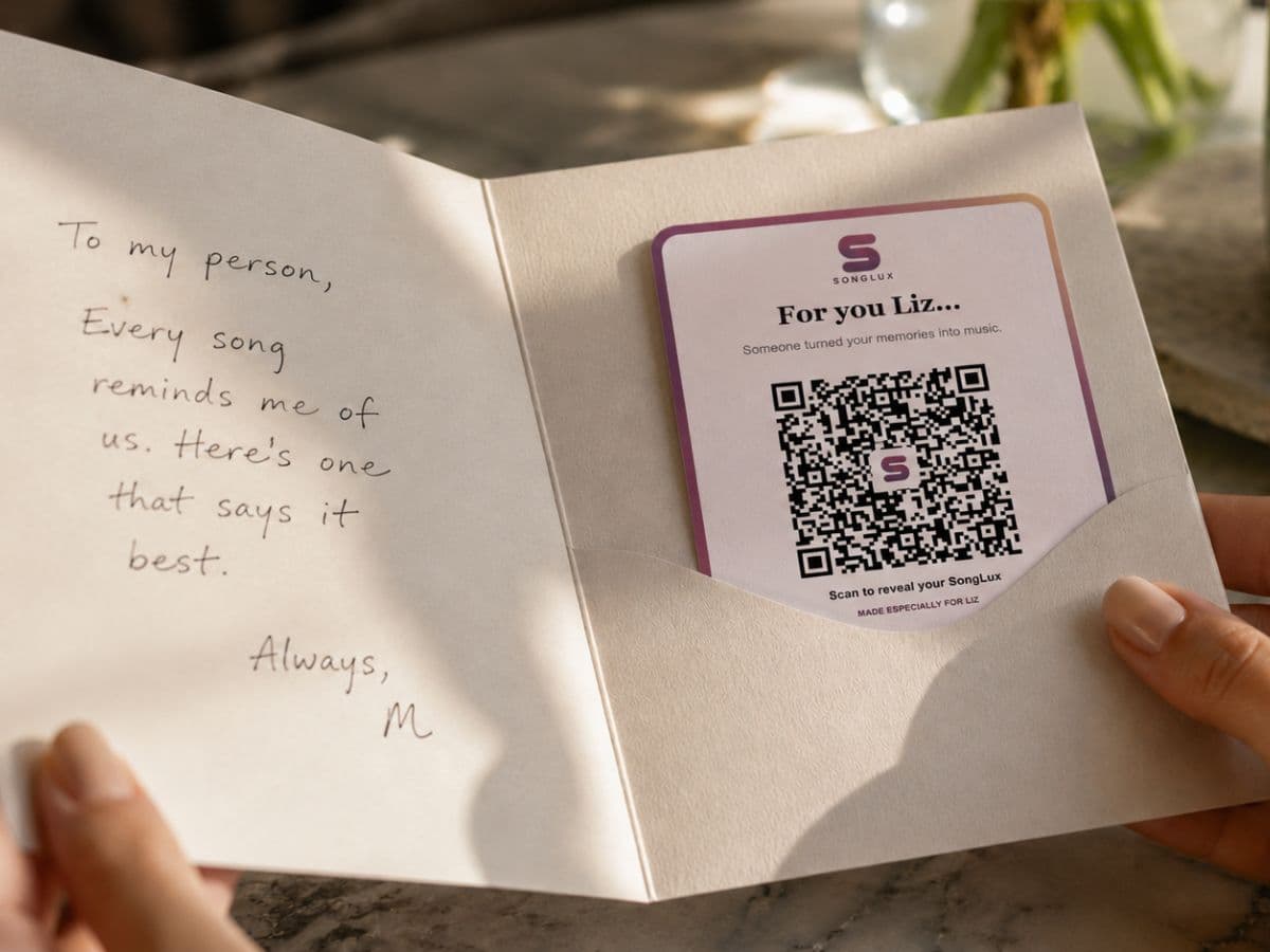 Personalised SongLux song reveal with a QR code inside a greeting card