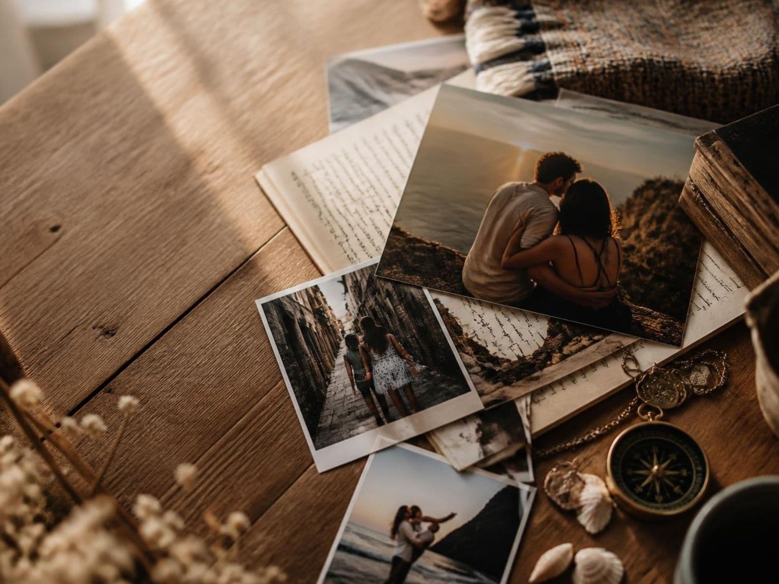 Photographs and keepsakes from a couple's love story